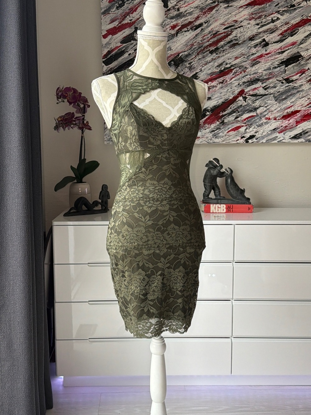 GUESS Silvana Olive Lace Bodycon Mini Dress| Size XS